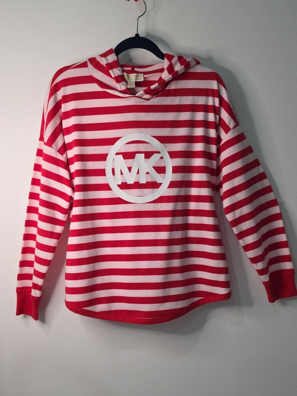 Michael Kors Red and Pink, Striped Hooded Sweatshirt with MK Logo